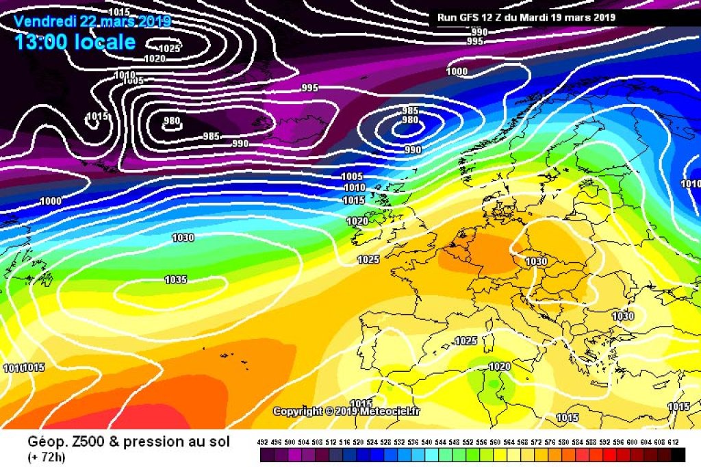 500hPa geopotential and ground pressure, Friday 23.3.19: High pressure over the Alps.