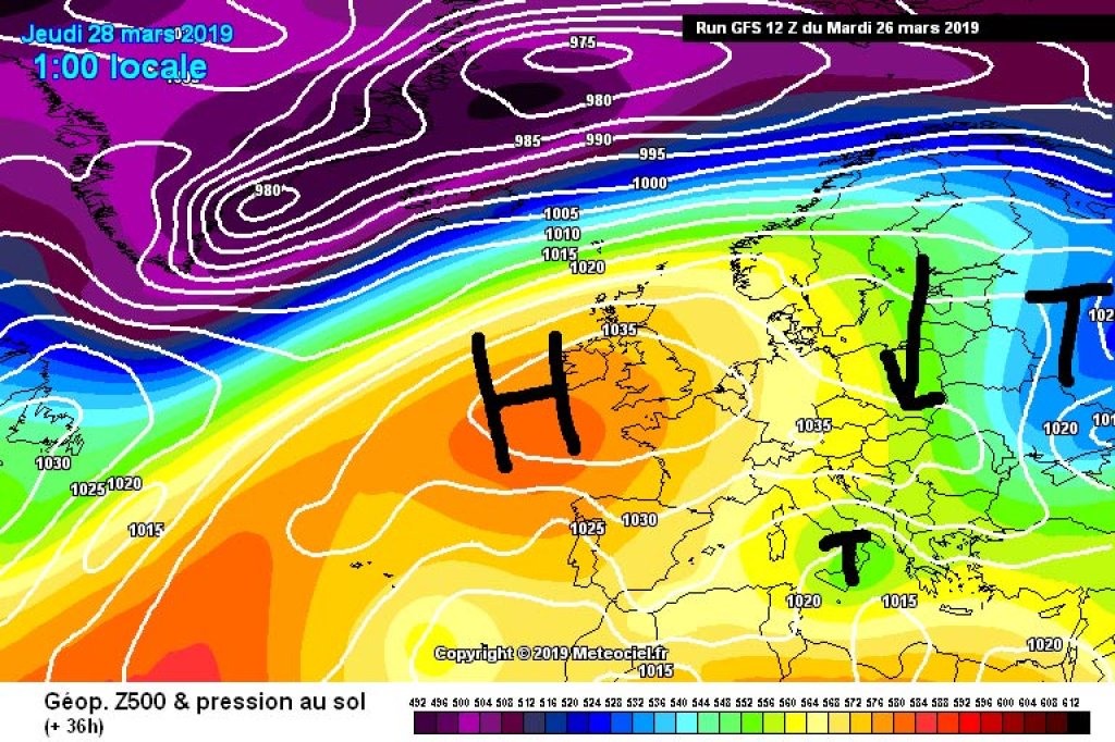 500hPa geopotential and ground pressure, Thursday 28.3. Anticyclonic northerly situation with residual clouds in the east and sun from the west. North-south pressure gradient over the Alps producing north föhn.