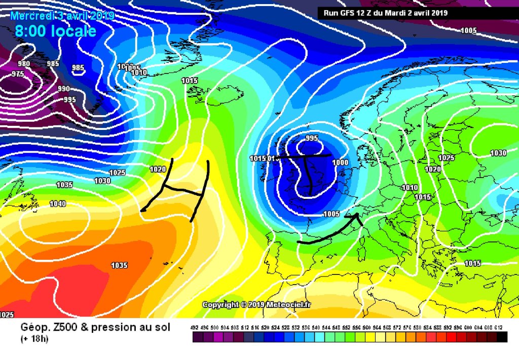 500hPa geopotential and ground pressure, Wednesday 3.4.: Strong southerly flow in the Alps will bring south föhn in the north and accumulating precipitation in the south.