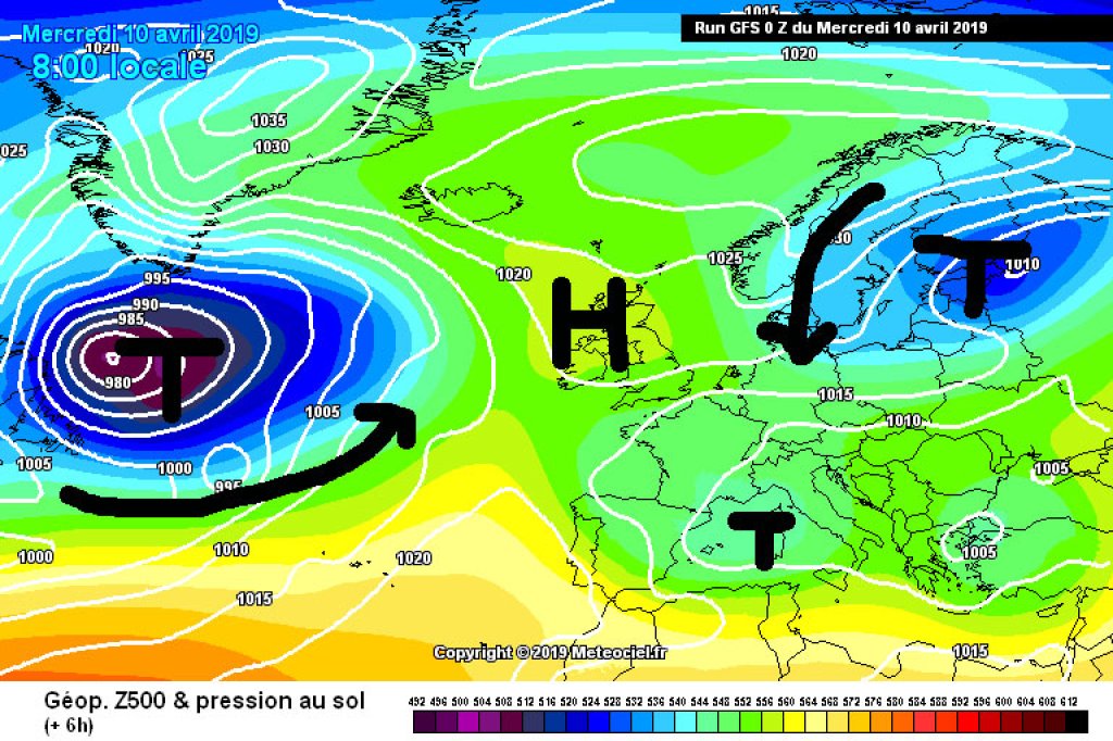 500hPa geopotential and ground pressure, Wednesday 10.4. The low pressure in the northeast will bring cooler, unsettled weather to the Alpine region.