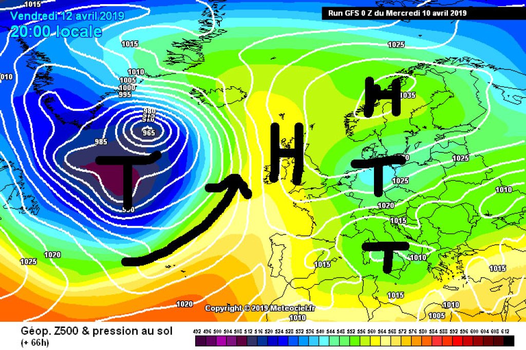 500hPa geopotential and ground pressure, Friday 12.4. Warm air advection at the front of a strong Atlantic low. Various low pressure systems in the Alpine region, causing uncertain April weather.