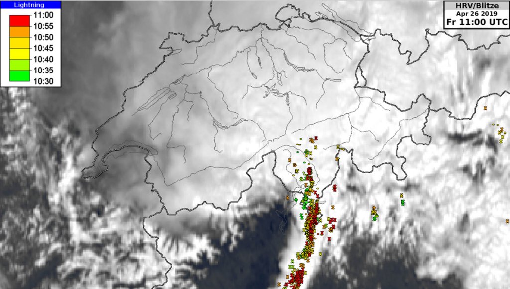 Lightning activity on the southern side of the Alps and the neighboring area to the south during yesterday's cold front. The arrangement of the lightning and the associated thunderclouds is linear (squall line).