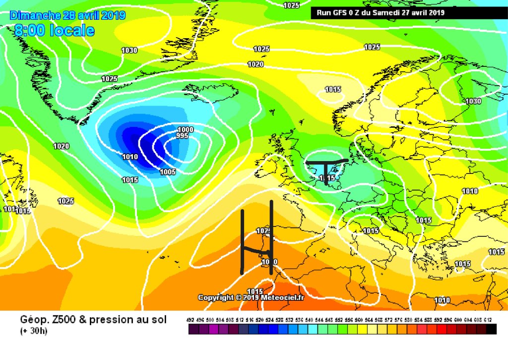 500hPa geopotential and ground pressure for Sunday, 28.4.
