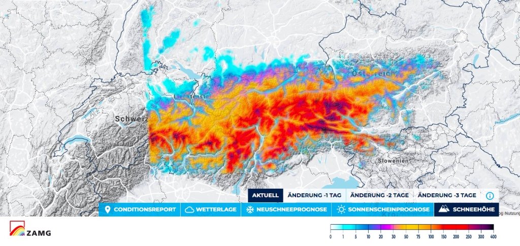Total snow depth - Model Domain ends in eastern Switzerland, already considerable snow depths, especially in the southeast.