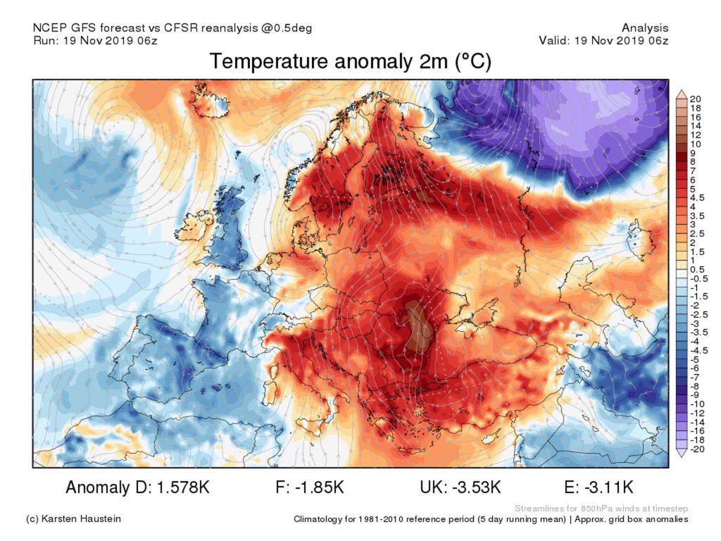 2m Temperature anomalies Europe, Tuesday 19.11.2019