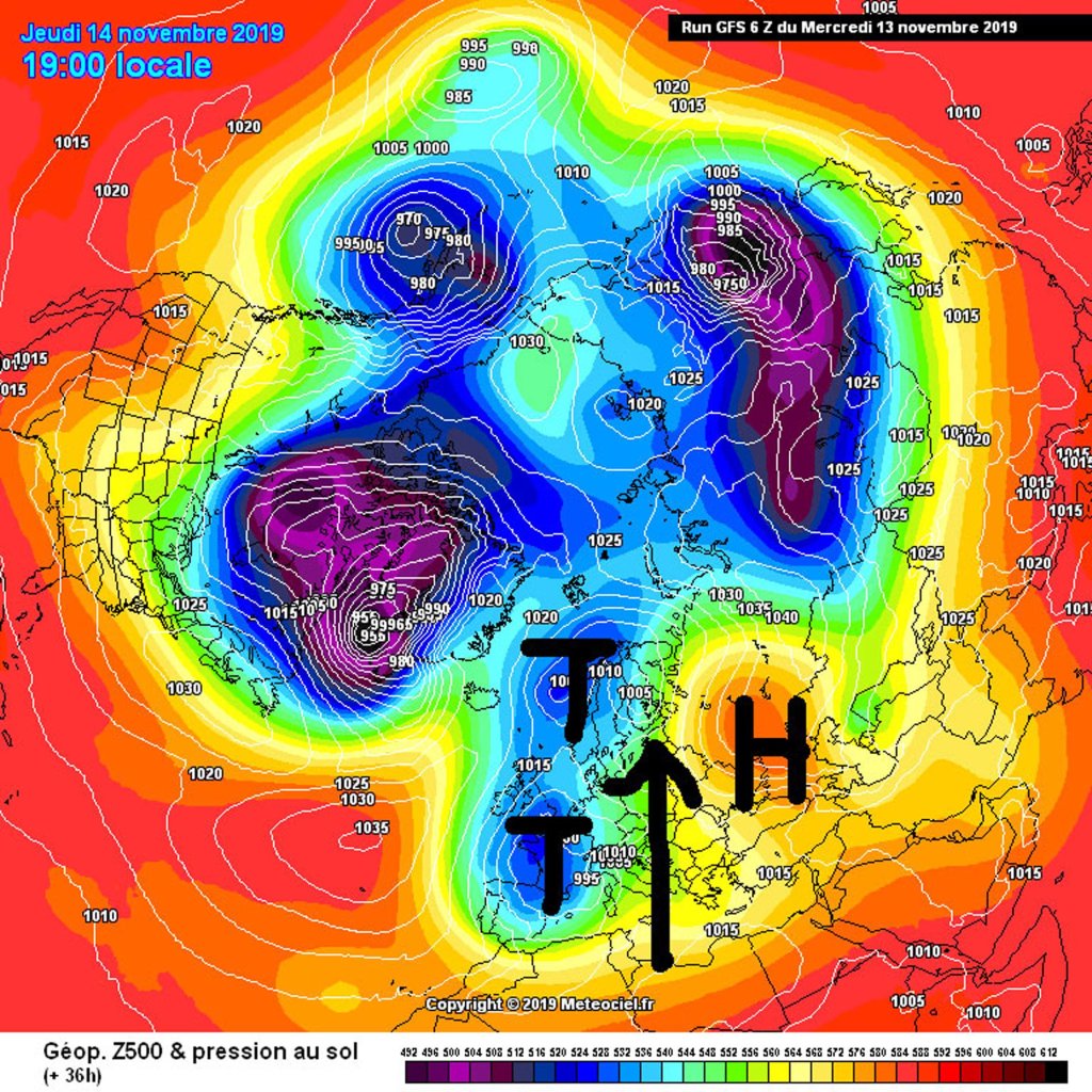 500hPa geopotential and ground pressure from last Thursday. Blocking high in the E, low pressure trough in the W, strong southerly flow in between.