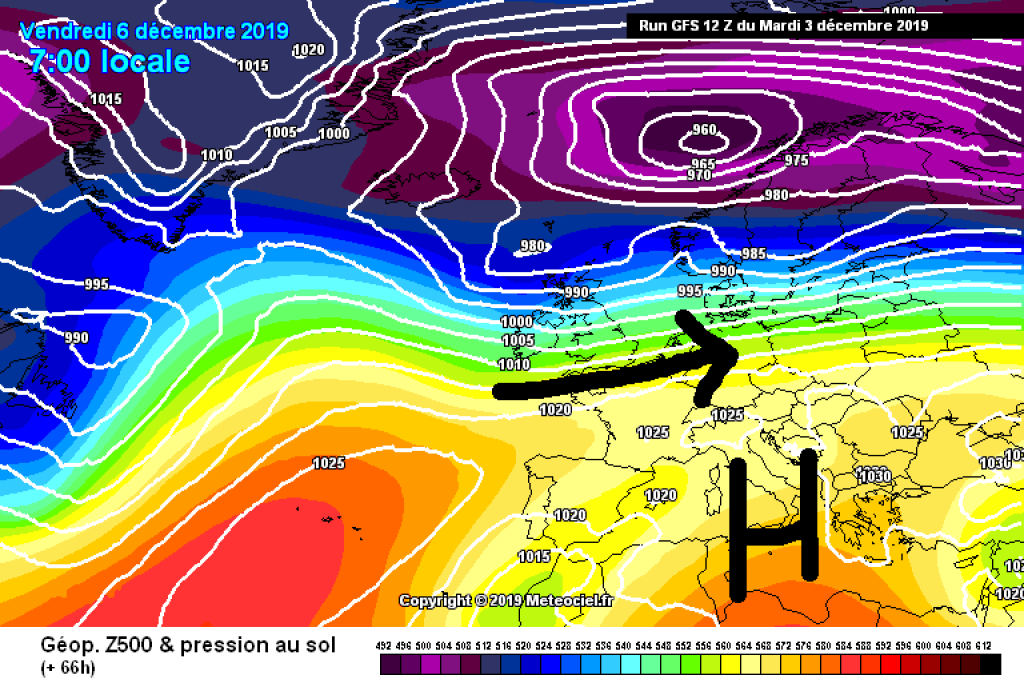 500hPa geopotential and surface pressure for Friday, December 6: Westerly flow north of us, high pressure and mild air masses in the Alpine region.