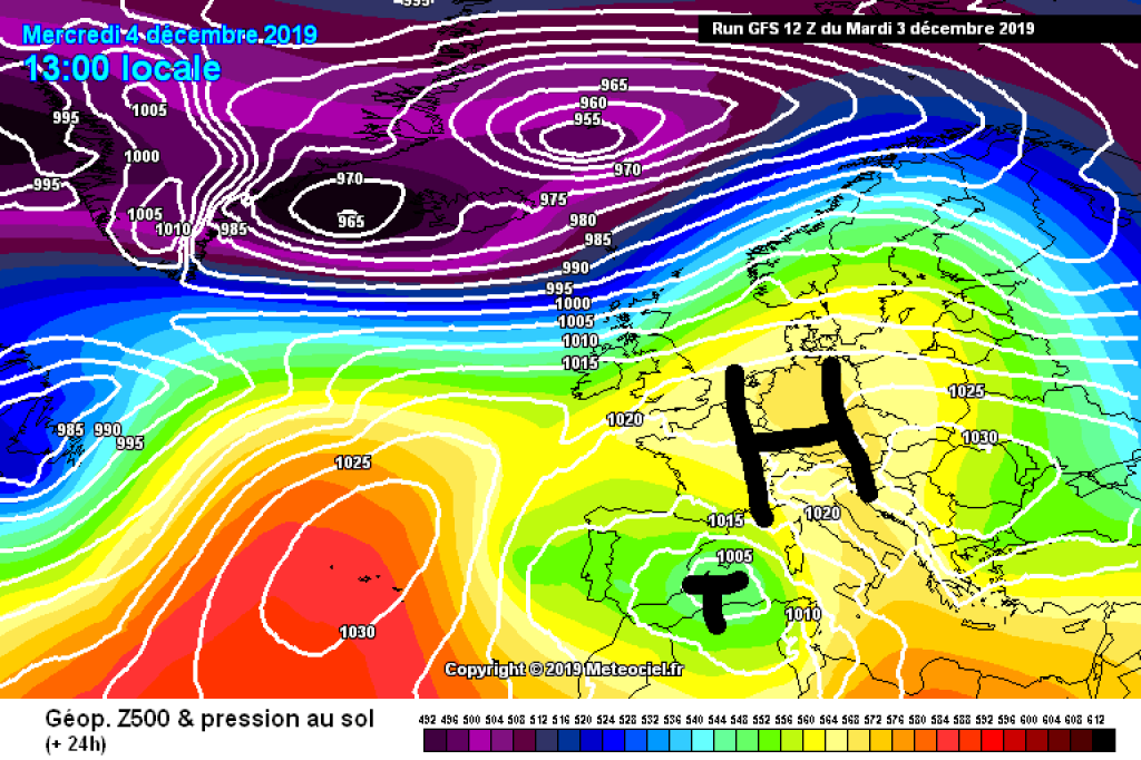 500hPa geopotential and ground pressure today, Wednesday, December 4: Low pressure influence in the western Mediterranean, high pressure over the Alps.