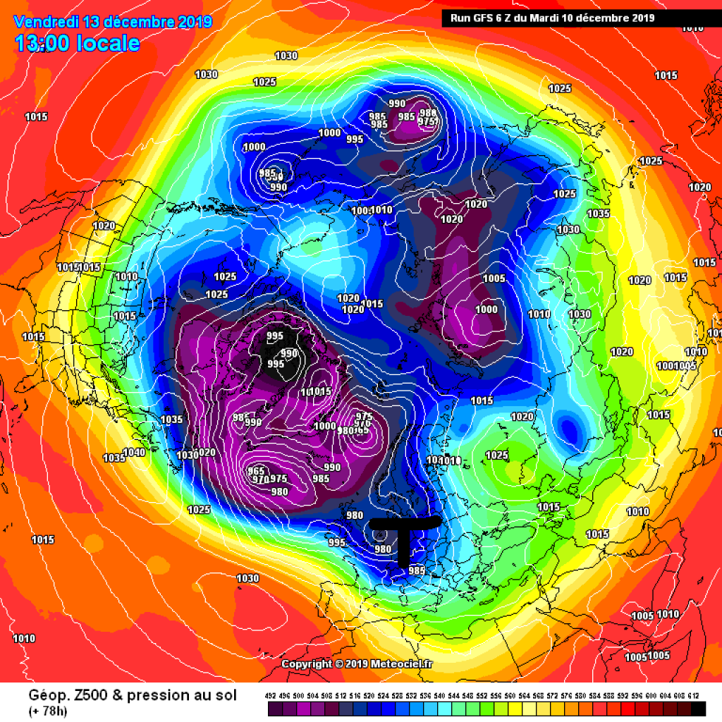 500hPa geopotential and ground pressure, Friday 13.12.: Low pressure influence in the Alpine region.