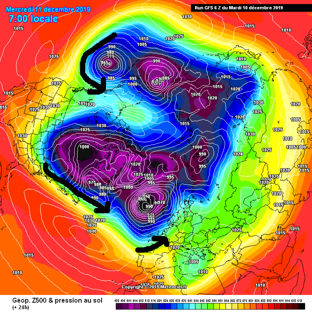 500hPa geopotential and ground pressure Wednesday 11.12.: Active Atlantic, westerly flow dominates our weather.