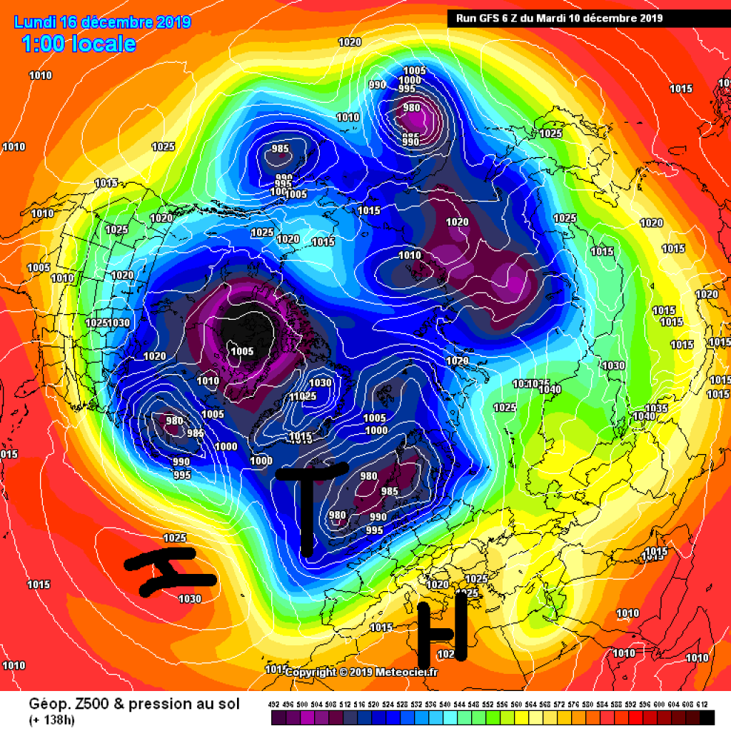 500hPa geopotential and ground pressure, Monday 16.12.: The highs are starting to interrupt the westward slide.