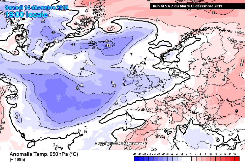 Temperature anomaly in 850hPa, Saturday 14.12.: Rapid cold-warm changes in the next few days.
