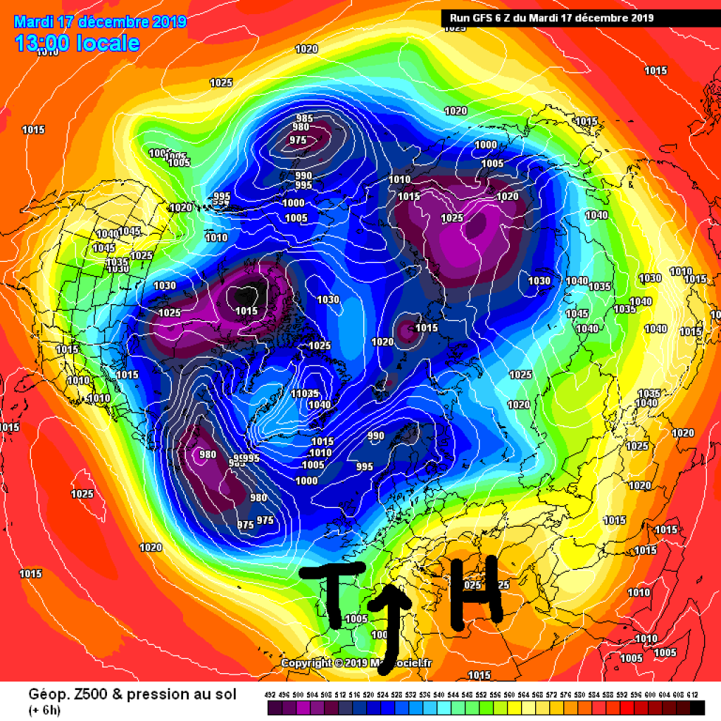 500hPa geopotential and ground pressure, yesterday, Tuesday 17.12. High pressure trough up to North Africa brings very warm air masses in front.
