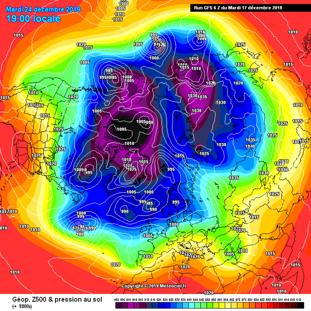 500hPa geopotential and ground pressure, exemplary map for 24.12.