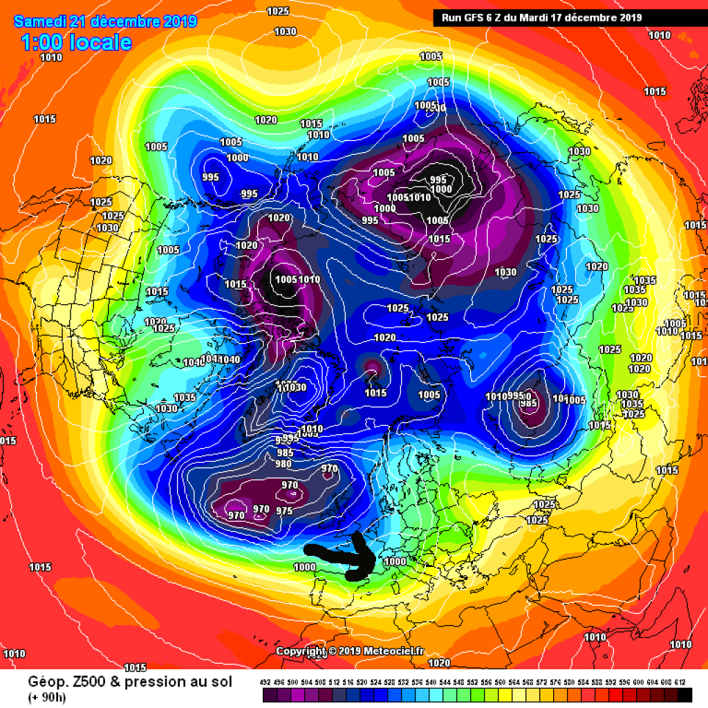 500hPa geopotential and ground pressure, Saturday 19.12. With W/NW flow colder than last and chance of snow also for the north side, maybe!