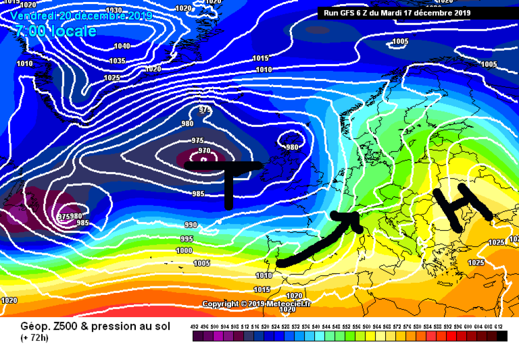 500hPa geopotential and ground pressure, Friday 19.12. Southwesterly accumulation with precipitation probably spreading northwards during the day.