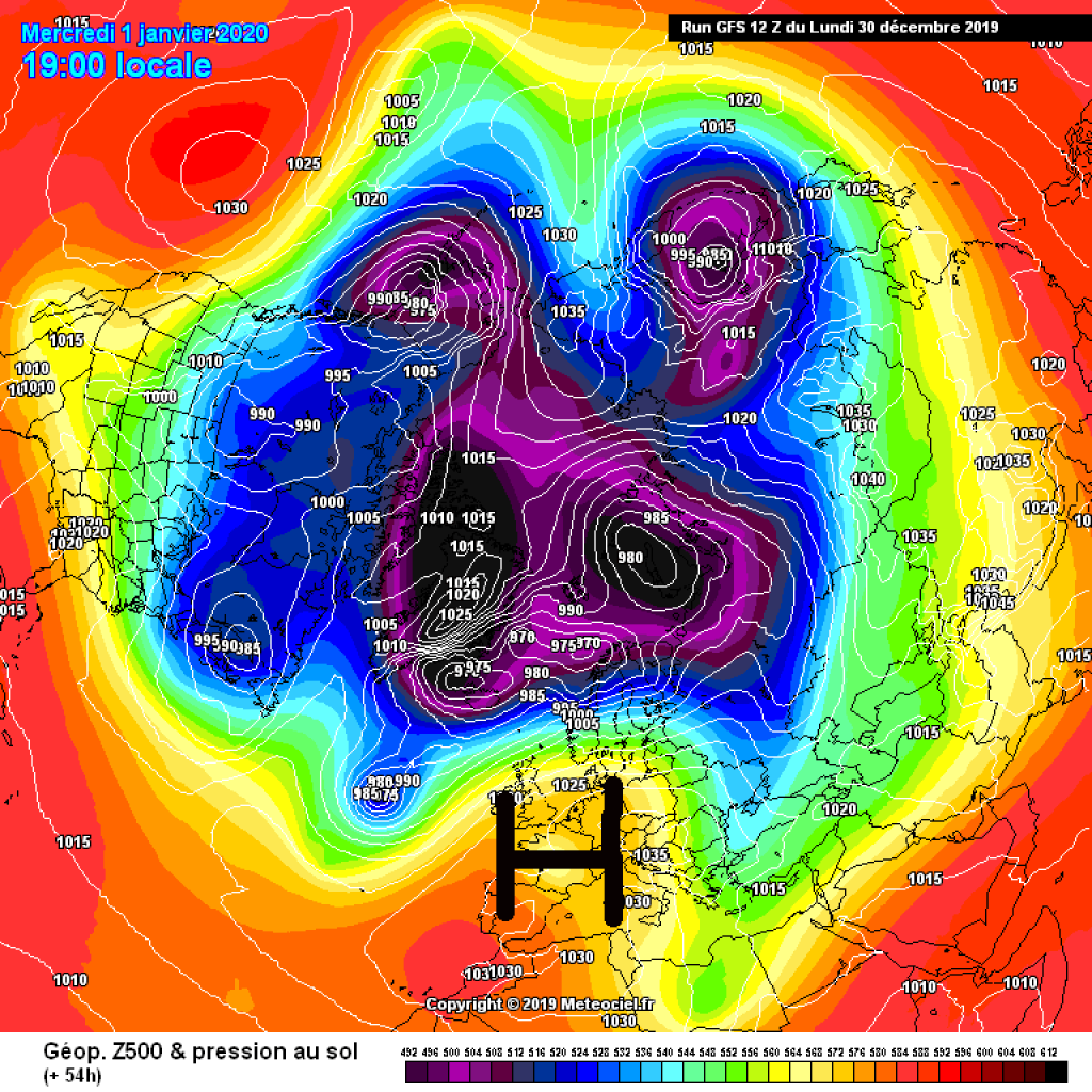 500hPa geopotential and ground pressure for Wednesday, 1.1.2010. High pressure dominates in the Alpine region.