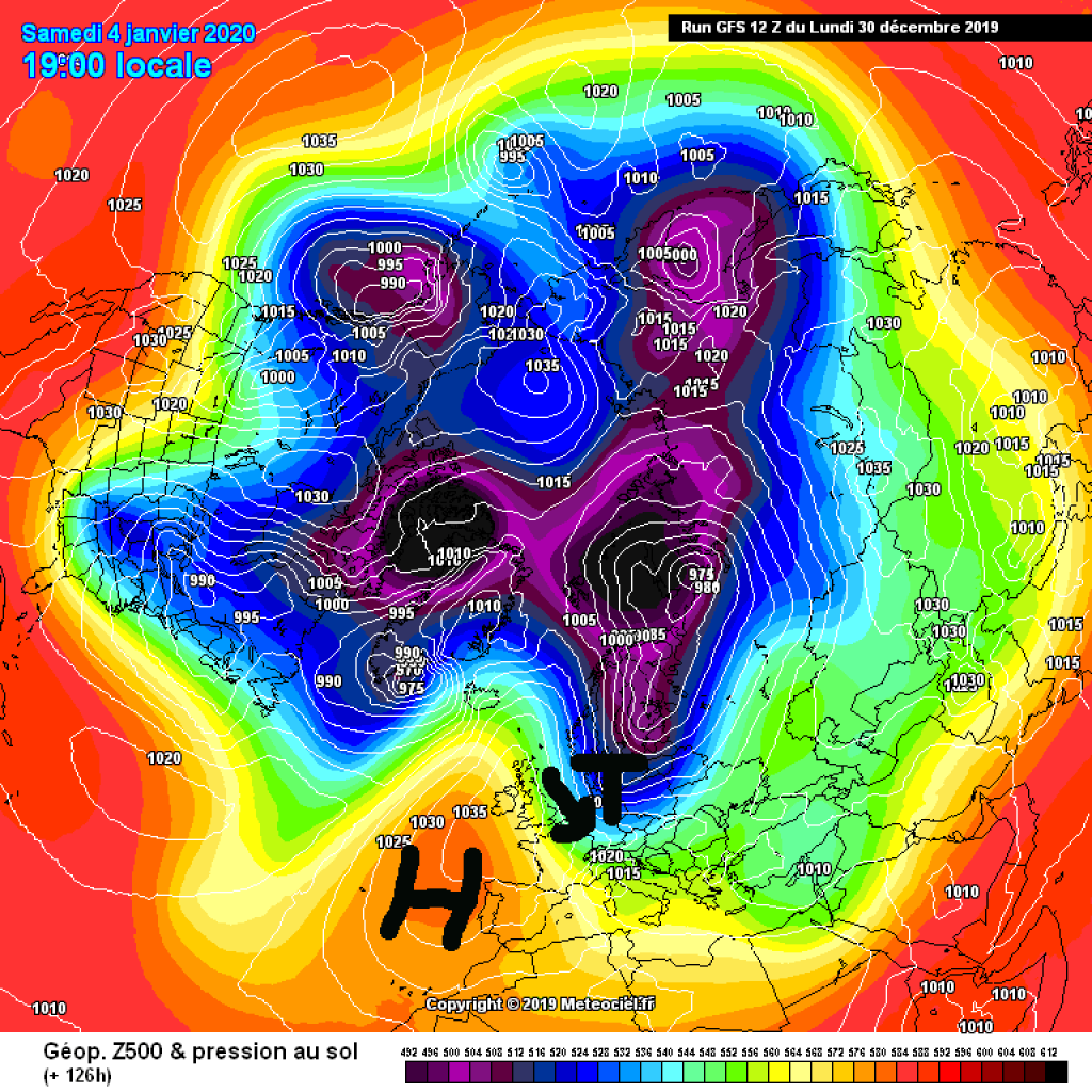 500hPa geopotential and ground pressure for Saturday, Jan. 4. Current turns NW, chance of snow for the northeast.