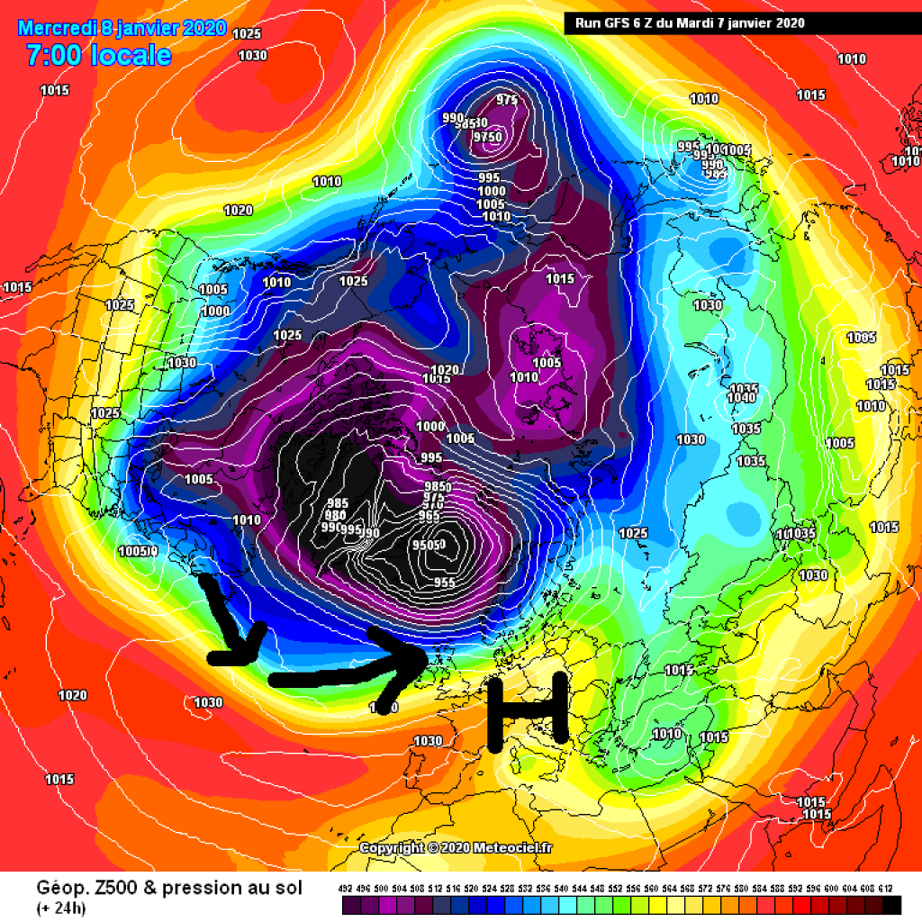 500hPa geopotential and ground pressure, Wednesday 8.1.: Zonal basic flow over the Atlantic, high pressure in the Alpine region.