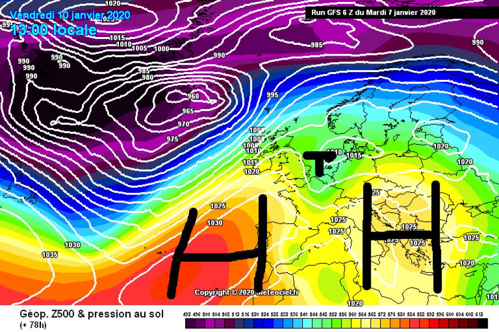 500hPa geopotential and ground pressure, Friday 10.1. Small low will bring more clouds and probably some snow in the northwest.