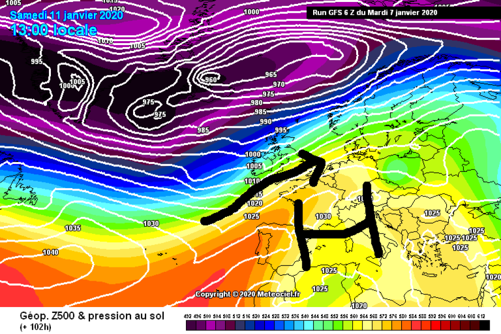 500hPa geopotential and ground pressure, Saturday 11.1.: The small low has passed and the sunshine is more or less unclouded again.