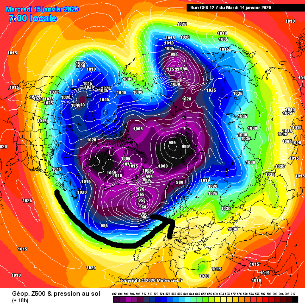 500hPa geopotential and ground pressure, northern hemisphere, Wednesday 15.1.20. Zonal flow over the Atlantic, high pressure dominates the Alpine region.