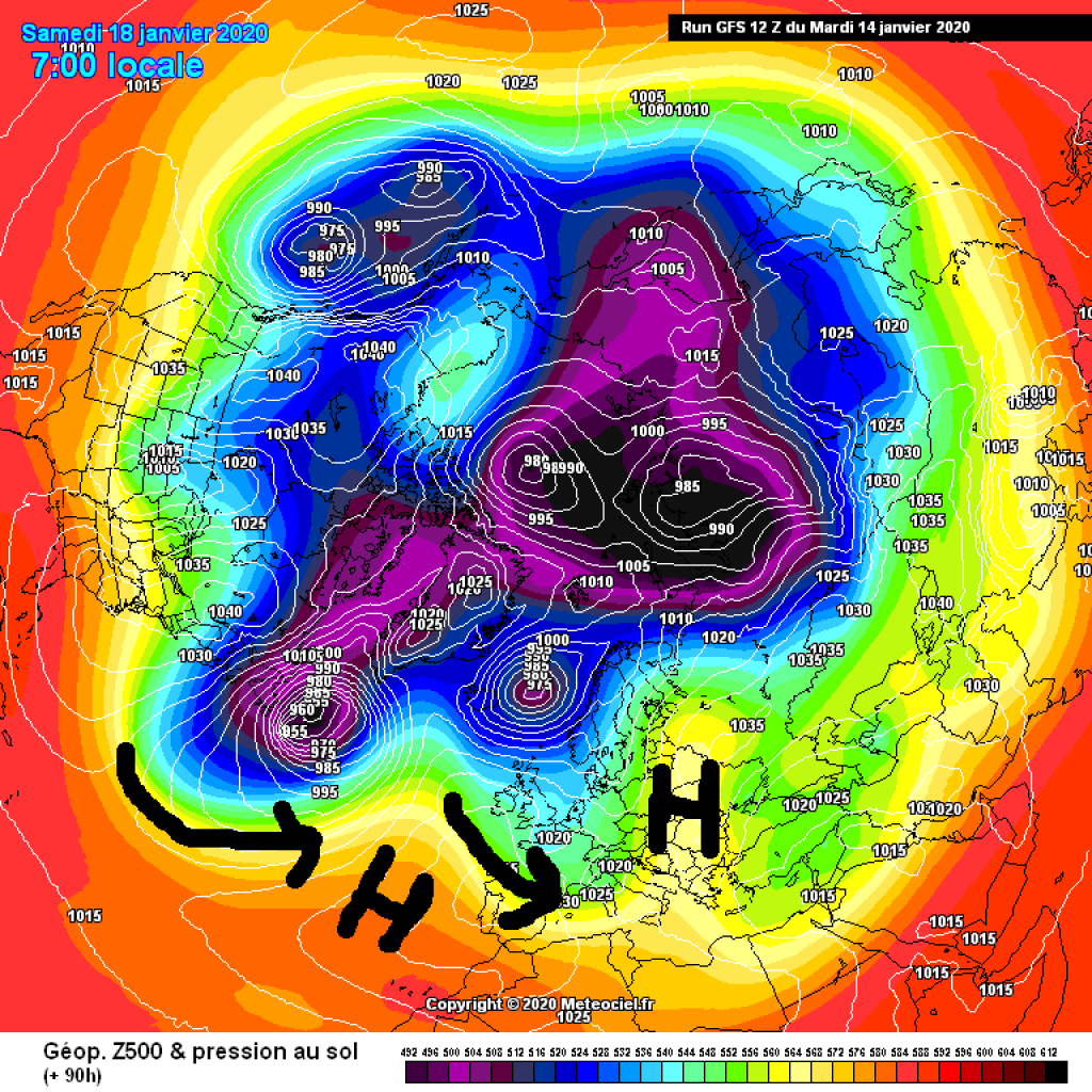 500hPa geopotential and ground pressure, northern hemisphere, Saturday, 18.1. The flow is clearly more wavy, NW flow in the Alpine region.