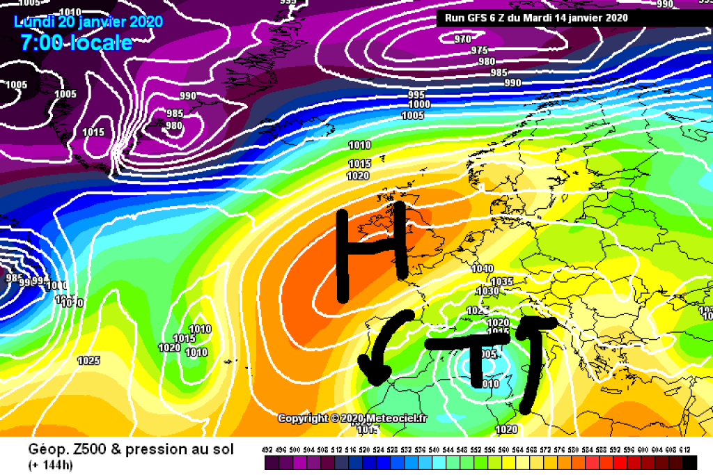 500hPa geopotential and ground pressure, Monday 20.1. High pressure bridge with high-over-low characteristics.