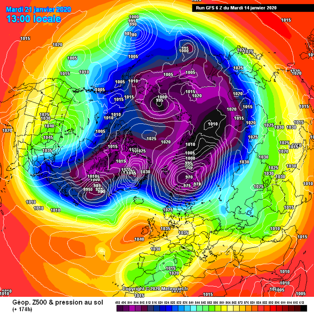 500hPa geopotential and ground pressure, northern hemisphere, exemplary map for Tuesday next week.