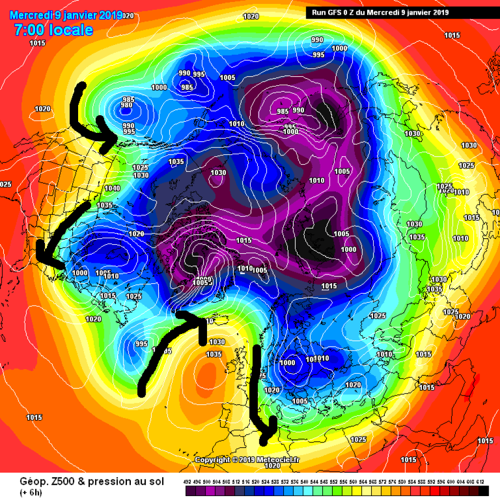 For comparison: Clearly wavy jet and blocking high off the European Atlantic coast in January 2019 - different situation than in the map above.