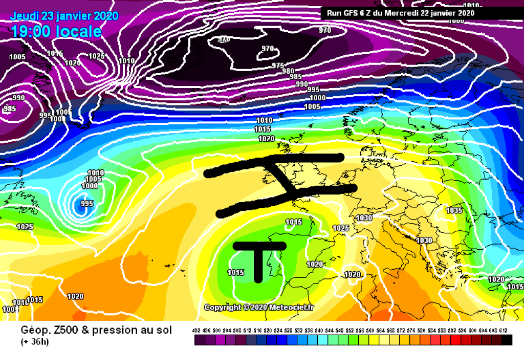 500hPa geopotential and ground pressure, Thu. 23.1.: Cut off low in the area of Spain, high pressure bridge in the Alpine region.
