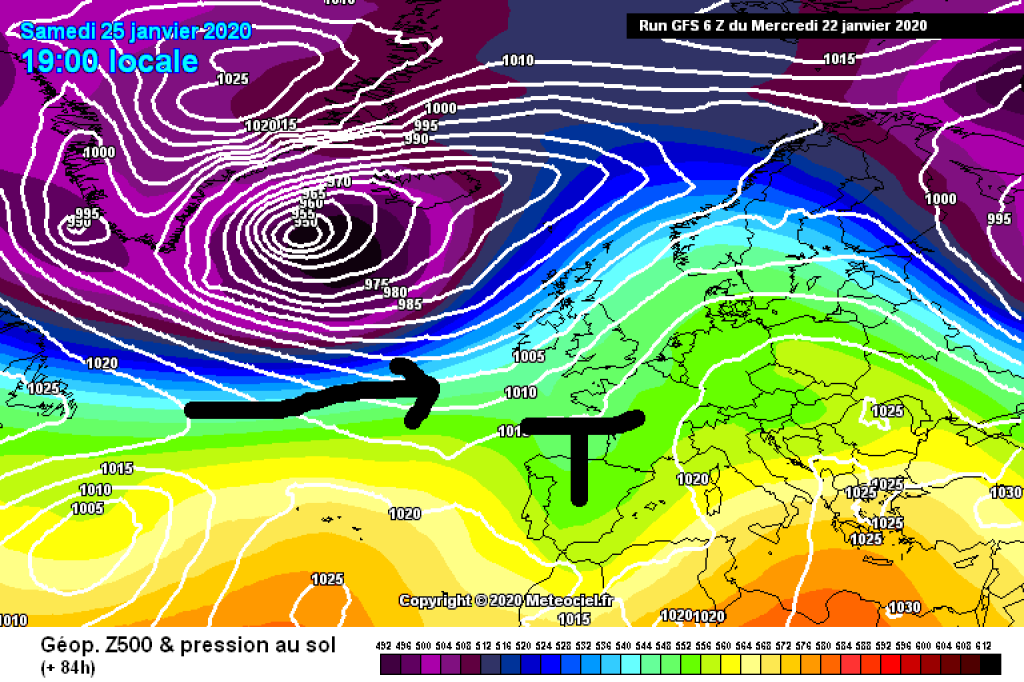 500hPa geopotential and ground pressure, Saturday 25.1.: Low incorporated into the frontal zone.