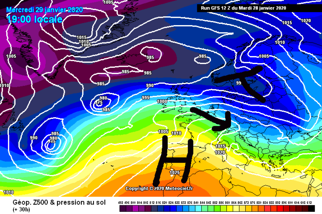 500hPa geopotential and ground pressure, today, Wednesday 29.1. The Alps are in a stormy NW flow, which will bring us colder air masses and snowfall.