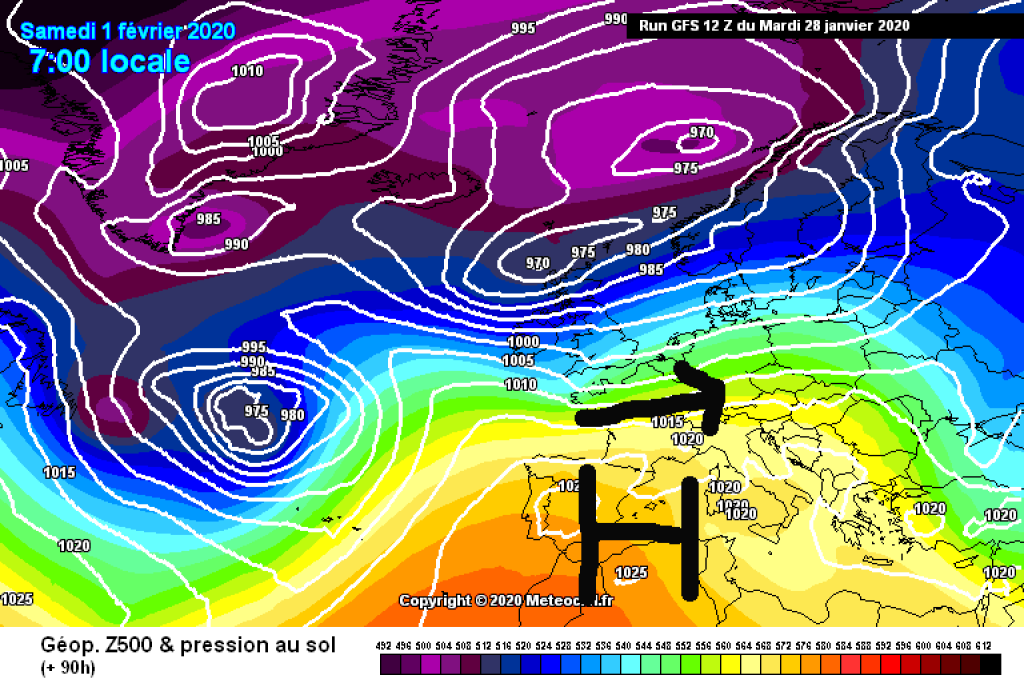500hPa geopotential and ground pressure, Saturday 1.2. westerly flow, still changeable and minor disturbances, but warm again.