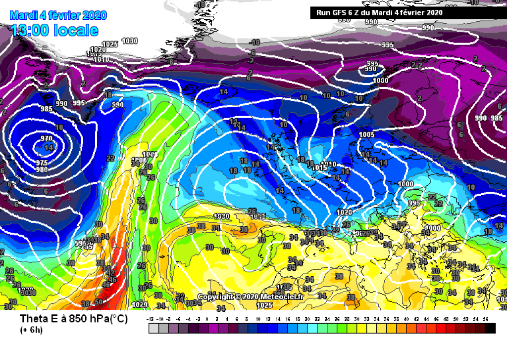 850hPa Theta E, yesterday, Tuesday (4.2.): The cold front reaches the Alps, with colder air masses behind it.