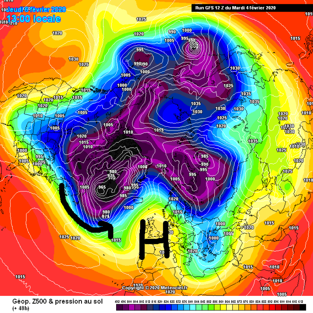 500hPa geopotential and ground pressure, Thursday (6.2.): High pressure influence!