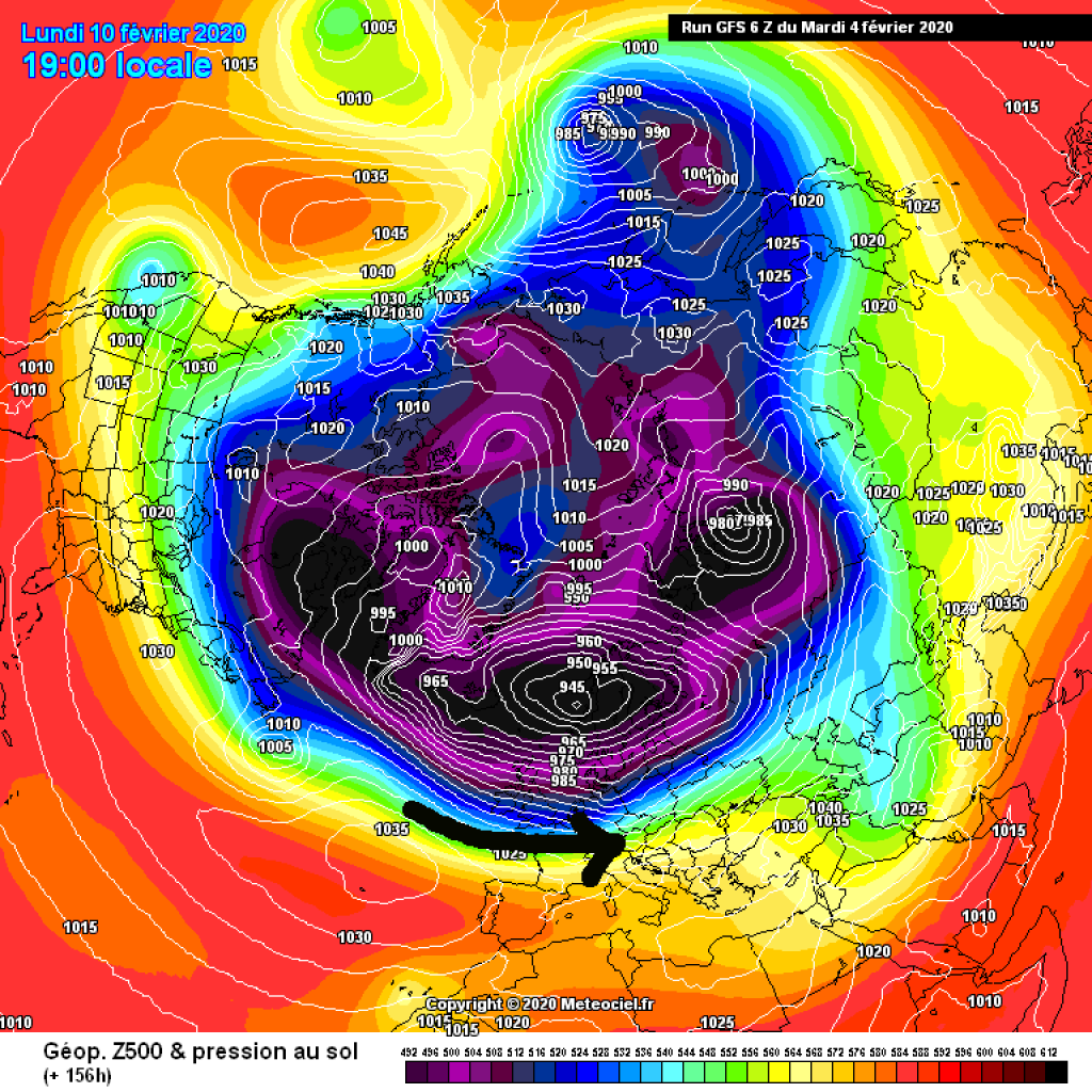 500hPa geopotential and ground pressure, Monday next week (10.2.): Very zonal flow, strong westerlies.