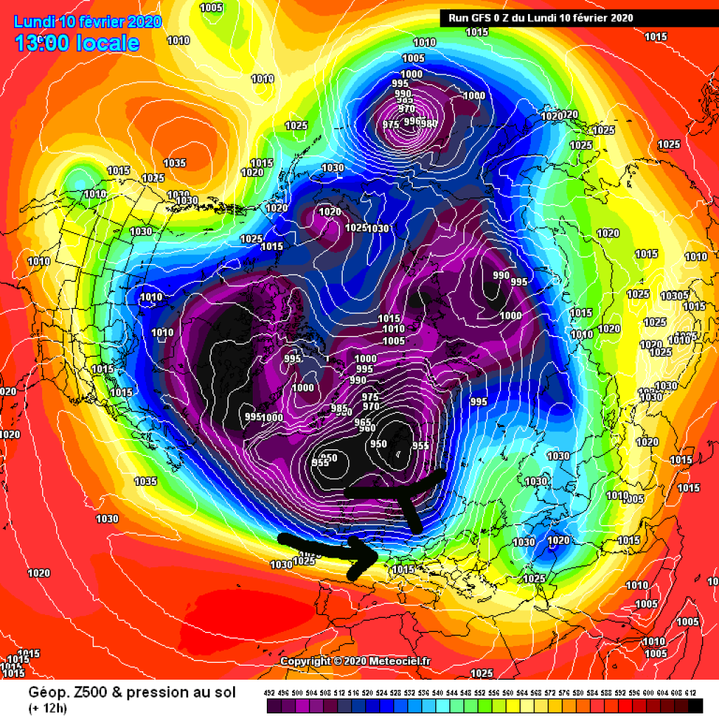 500hPa geopotential and ground pressure from last Monday, February 10: The powerful low Sabine was located over Scandinavia, the jet over the Alps.