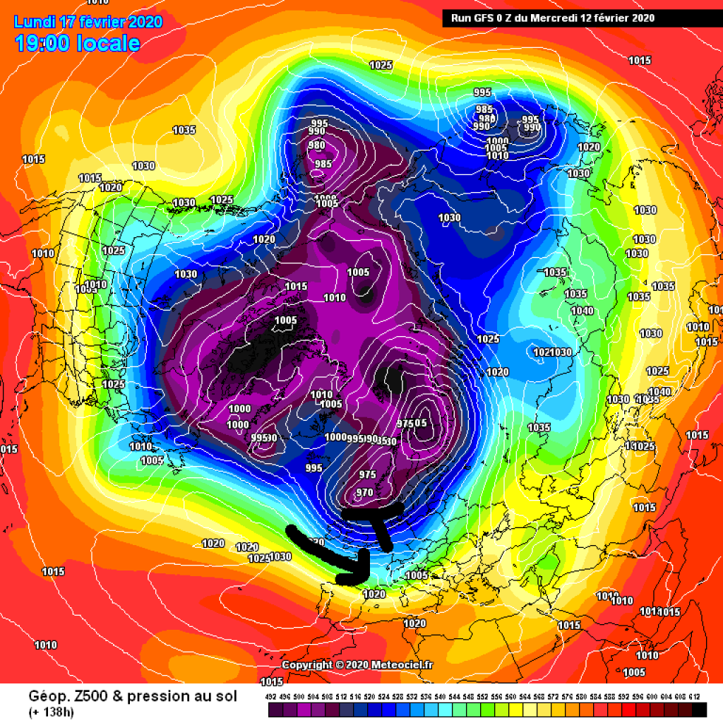 500hPa geopotential and surface pressure for Monday, February 17: The next major low is just around the corner. Still strong polar vortex and strong westerly drift over the Atlantic.