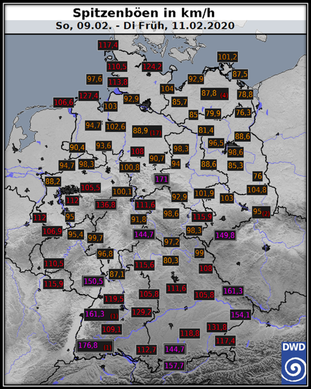Peak gusts between Sunday and Tuesday in Germany.