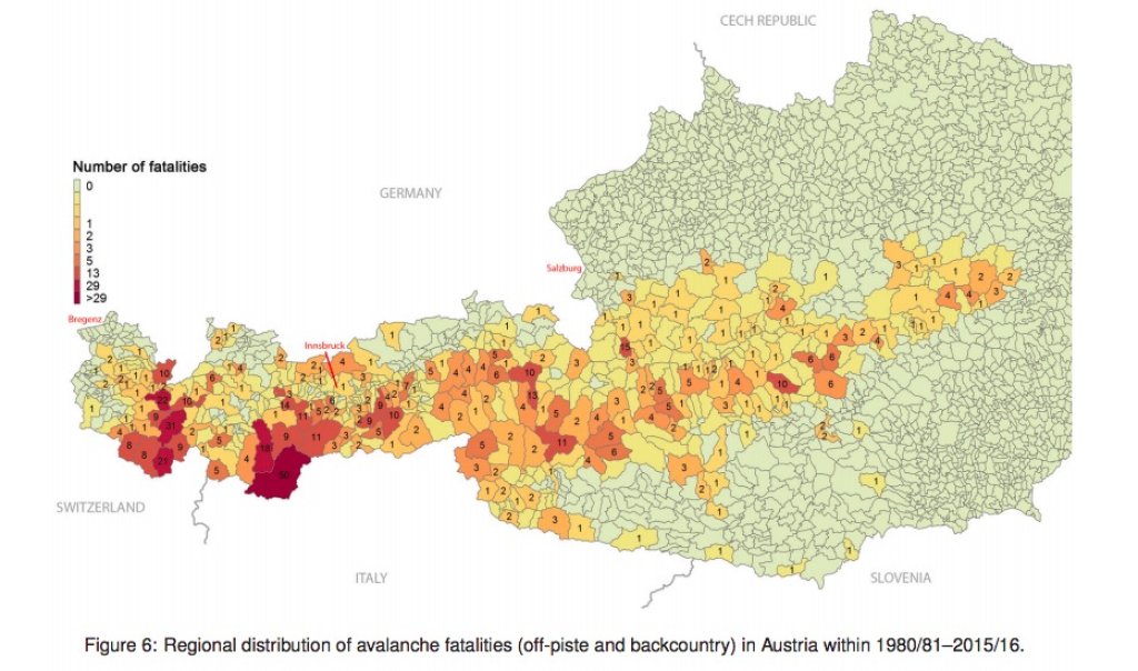 Regional distribution of avalanche accidents in Austria, 1980/81-2015/16.