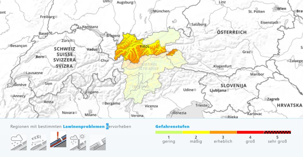 Warning areas with an old snow problem in the Euregio on 16.02.2020