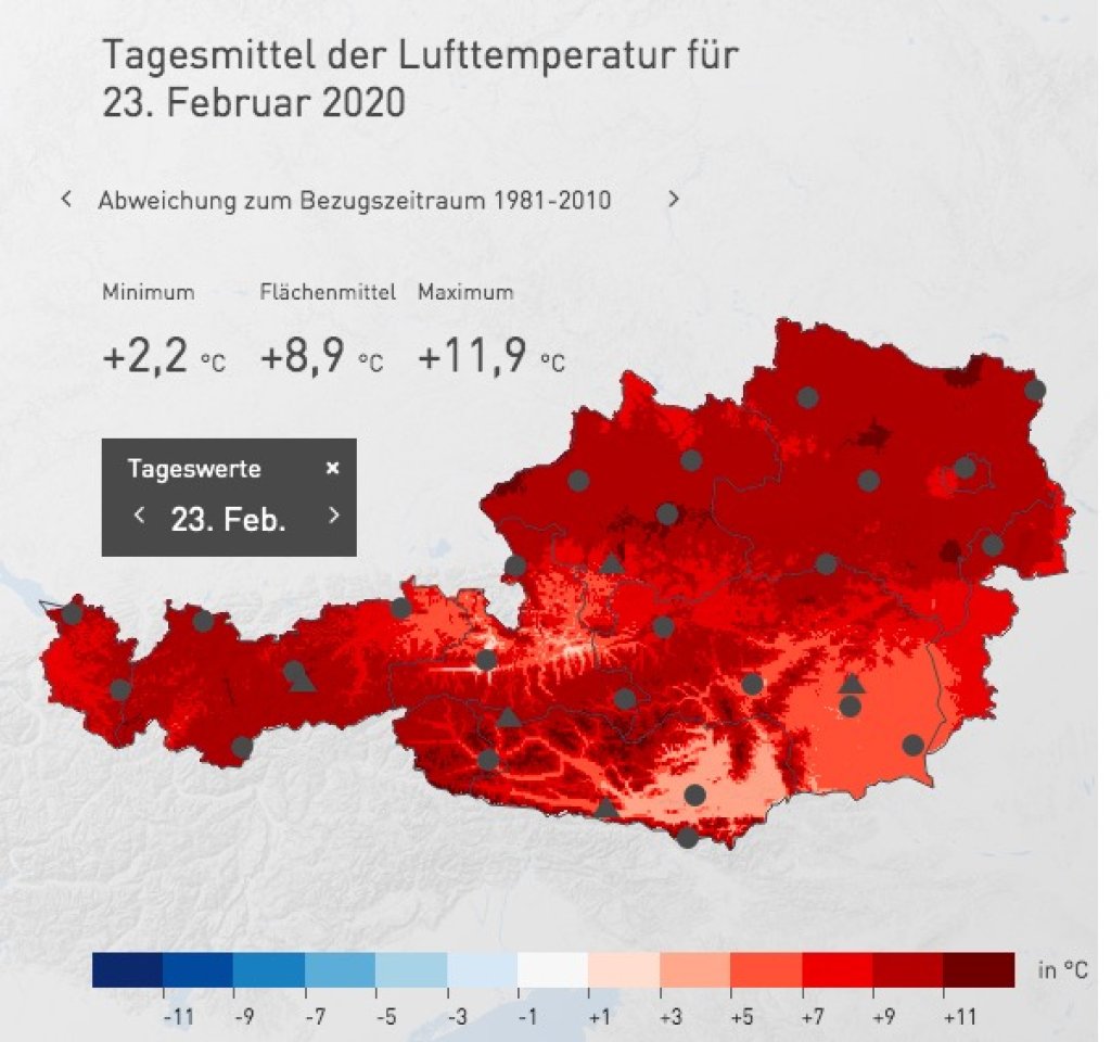 Temperature deviation from the climatological mean in Austria on 23.2.