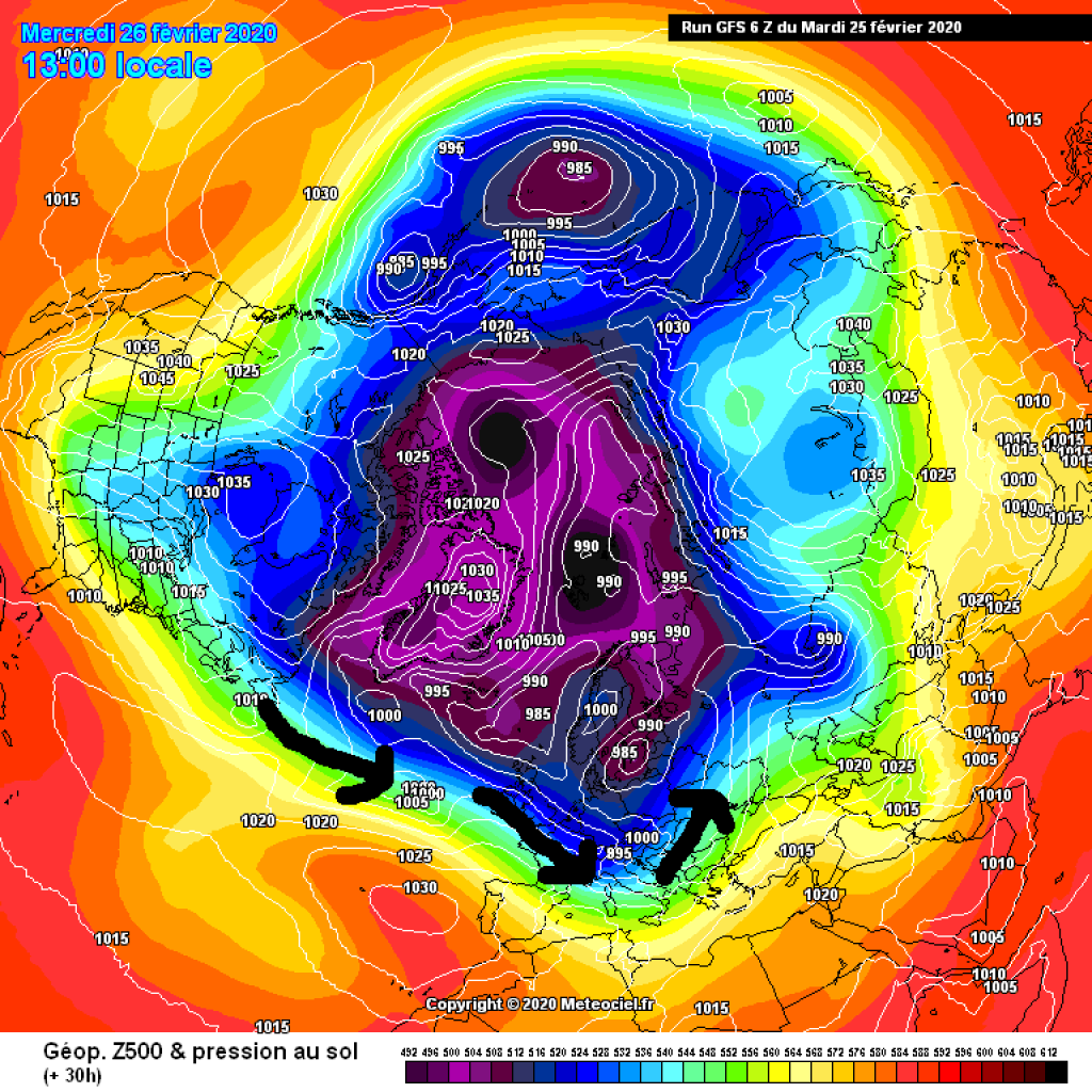 500hPa geopotential and surface pressure, Wednesday 26.2. Northwesterly flow in ME, flow over the Atlantic as usual very zonal.