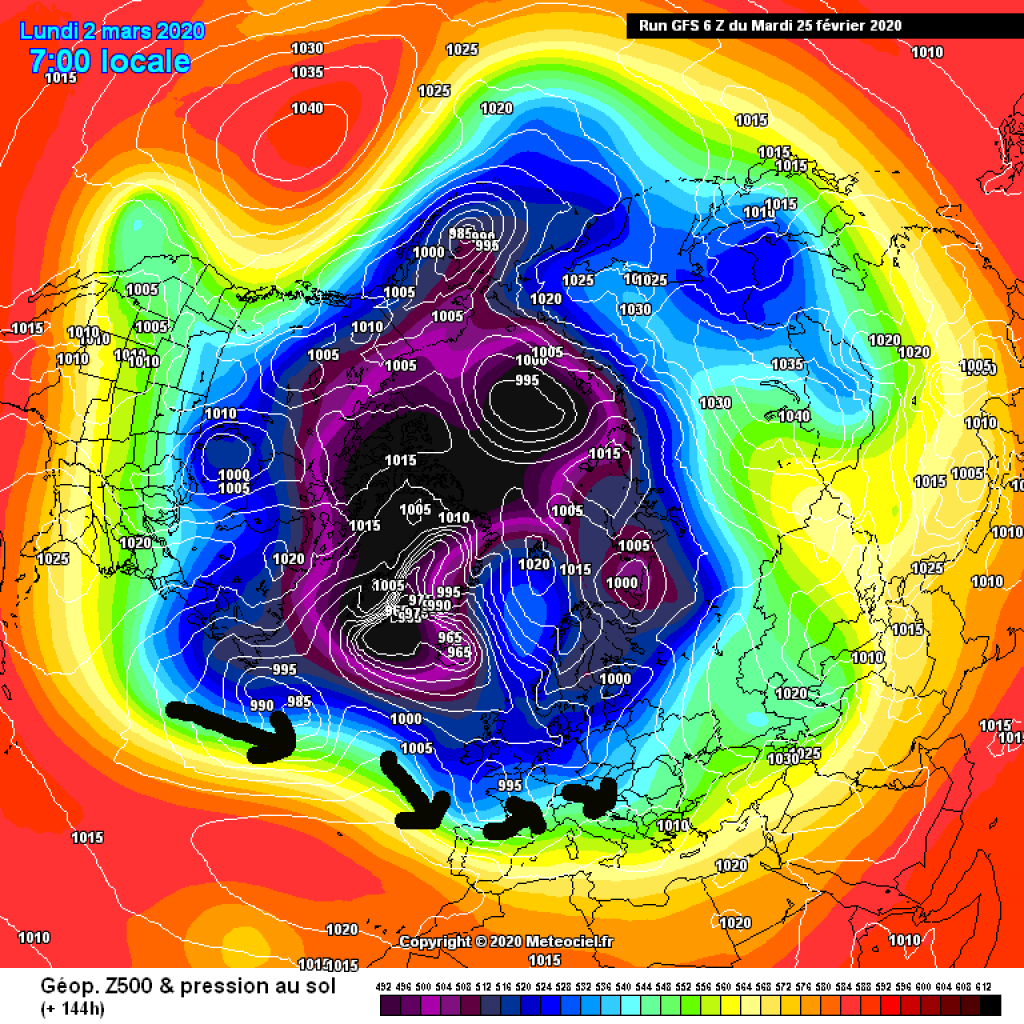 500hPa geopotential and ground pressure, exemplary map for Monday, March 2: Smaller waves in the westerly flow again and again, polar front further south compared to the last few weeks.