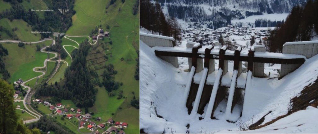 Left: Overview of the avalanche path. Right: Impressive avalanche breaker. From P2.7: Avalanche breaker in East Tyrol