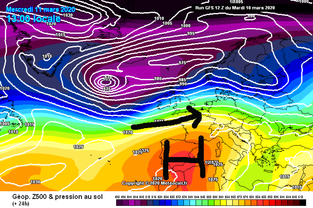500hPa geopotential and ground pressure, Wednesday 11.3.: Strong westerly flow, increasing high pressure influence.