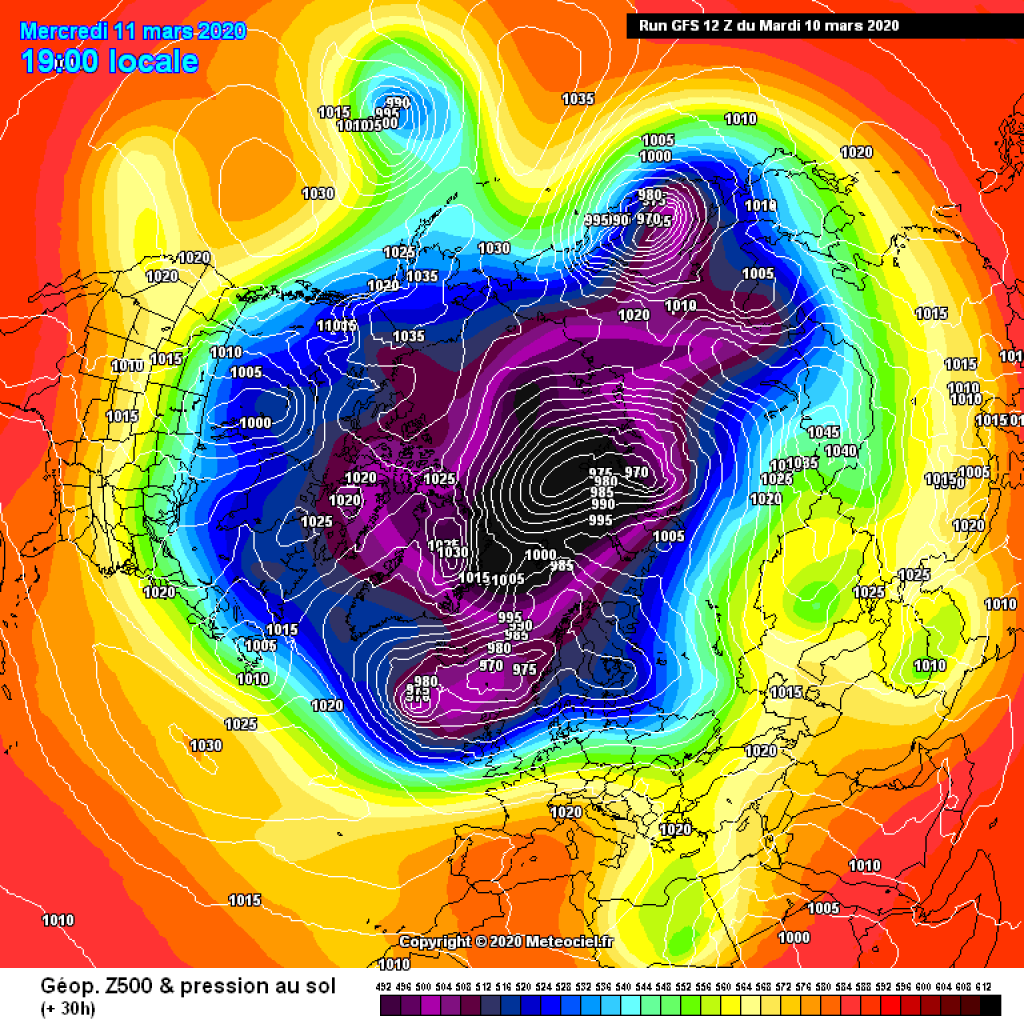 500hPa geopotential and ground pressure, Wednesday 11.3.: Northern hemisphere view.