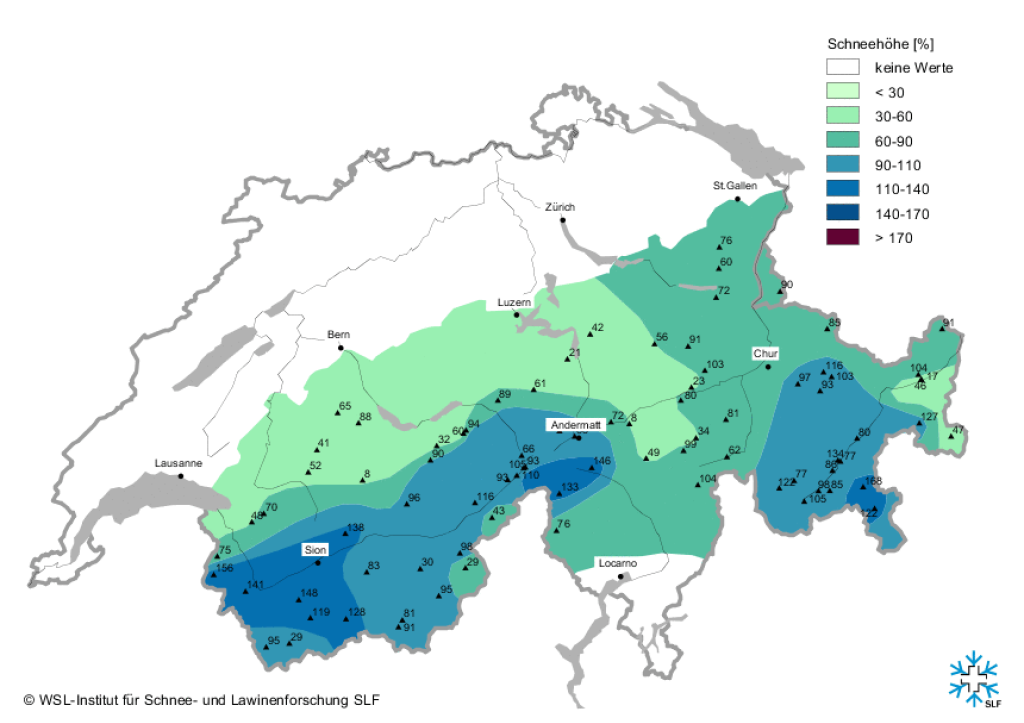 Snow depths as a percentage of the long-term average, Switzerland