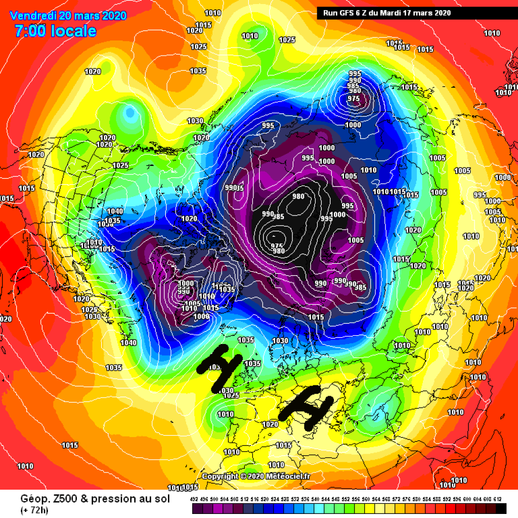 500hPa geopotential and surface pressure, northern hemisphere, for Friday, March 20. Cooler air is increasingly being brought to us on the eastern flank of a high pressure system.